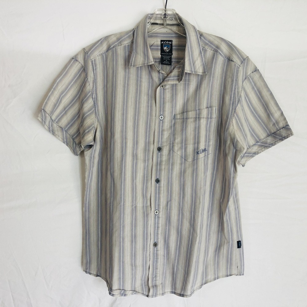 KÜHL Shirt Mens Medium Gray Blue Tan Striped Short Sleeve Button Up Outdoor